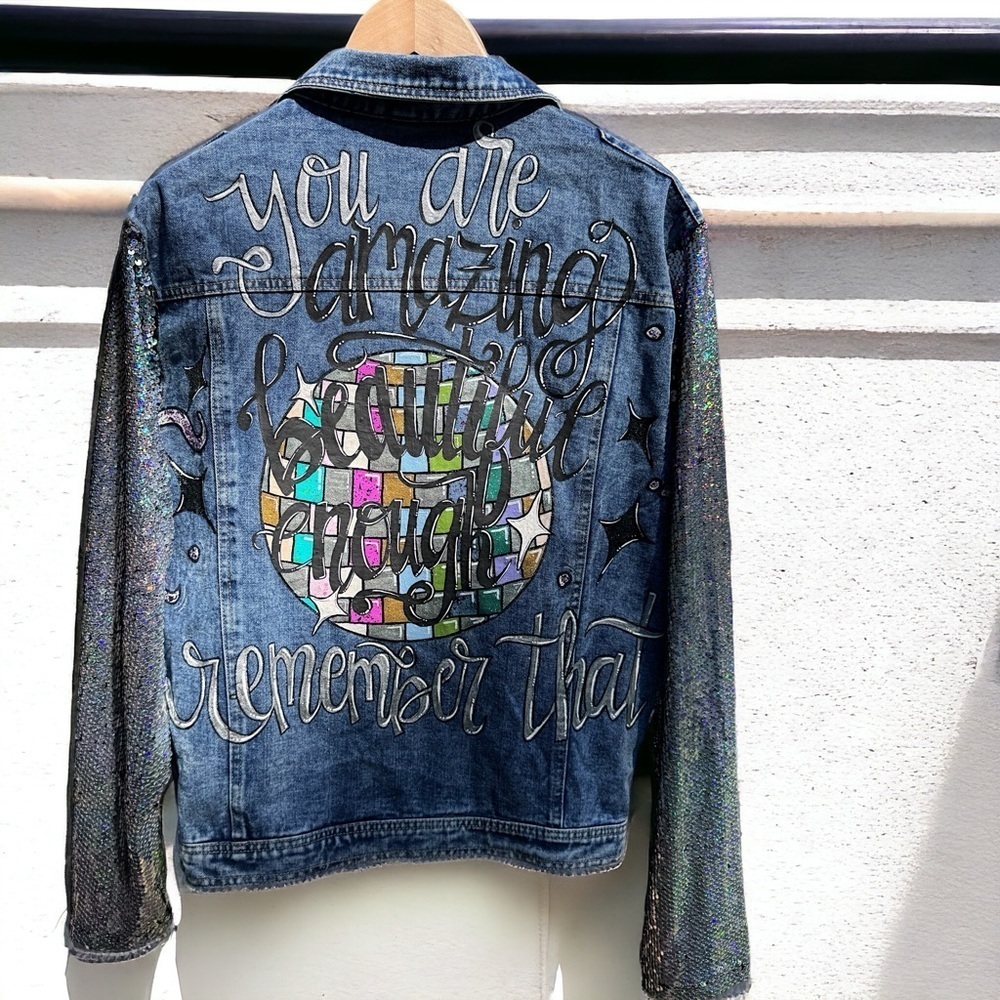 Eras Tour Ready: Dazzling Upcycled Se7en Jacket with Chic Design! Oversized Med - Picture 12 of 16